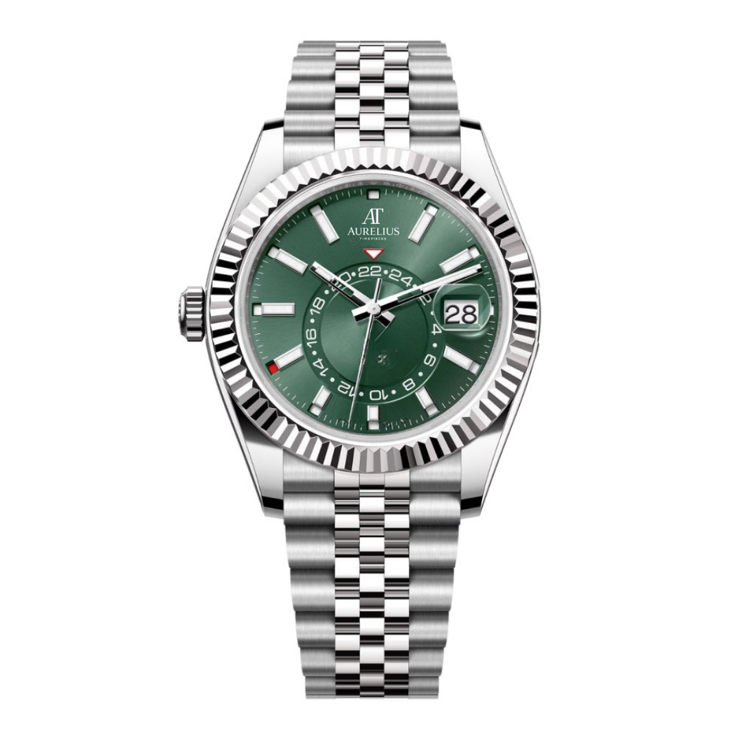 Global Traveller 42 – Green Sunburst Dial | Stainless Steel Jubilee Bracelet & Fluted Bezel